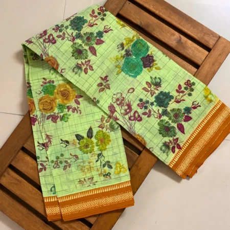 Mint green Narayanpet handloom cotton saree with multicolor floral print and zari border
