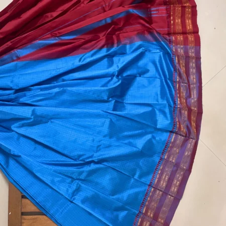 Royal blue checked Narayanpet handloom silk saree with deep maroon gold zari temple border