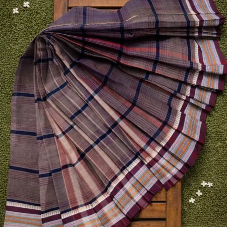 Taupe brown Narayanpet handloom cotton saree with checked pattern and multicolor border