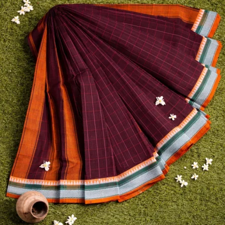 Deep maroon Narayanpet handloom cotton saree with checked pattern and rust border